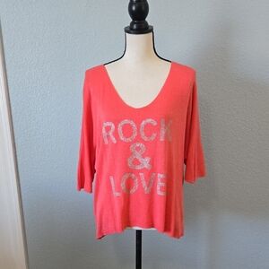GIGI MODA Coral Rock & Love Sweater Metallic Print Modal Blend V Neck Lrg/XL OS